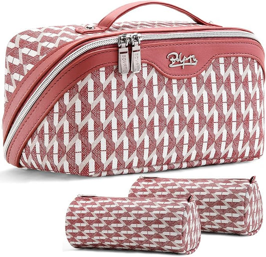 BOYATU Travel Makeup Bags for Women: Large Capacity Cosmetic Bag Set of 3 - Vegan Leather Make up Bags with Compartments - Wide Open Waterproof Toiletry Organizer Bag with Handle (E-03-Red)