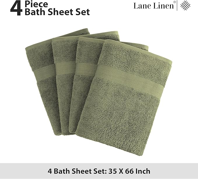 LANE LINEN 100% Cotton 4 Pack Bath Sheets (35"x66") - Ring Spun, Extra Large Cotton Bath Towels Set - Quick Dry, Soft & Absorbent Oversized Towel Set - Remains Soft After Multiple Washes - Oil Green