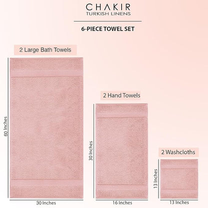 Chakir Turkish Linens 100% Cotton Premium Turkish Towels for Bathroom, 2 Large Bath Towels, 2 Hand Towels, 2 Washcloths (6-Piece Towel Set, Pink)