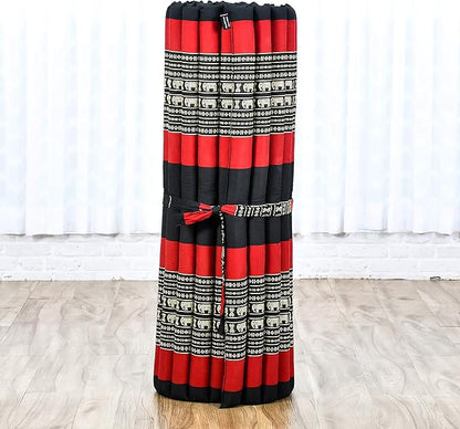 Leewadee - Kapok Roll Mat – Handcrafted Folding Sleep & Relaxation Mattress from Thailand, Ideal as Guest Bed, Camping Mat, Yoga Mat or Traditional Futon, 75 x 39 inches, Black Red