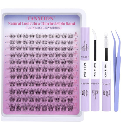 Wispy Natural Eyelash Clusters Kit 8-16mm D Lash Clusters DIY Lash Extension Kit Thin Lash Band with Bond and Seal, Tweezers Lash Clusters Kit