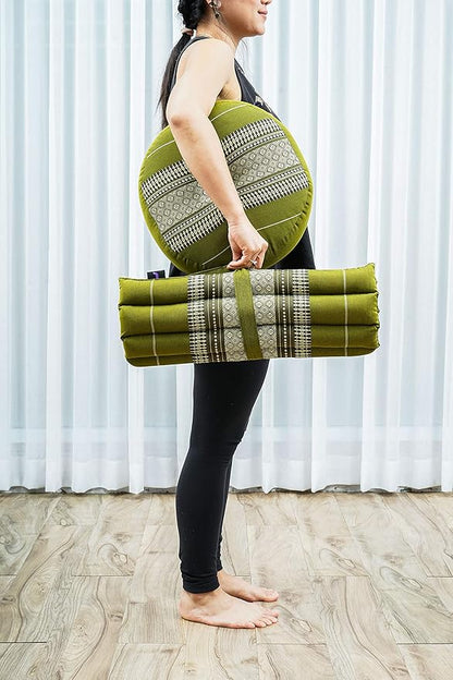 Leewadee Meditation Cushion Set – 1 Small Zafu Yoga Pillow and 1 Small Roll-Up Zabuton Mat Filled with Kapok