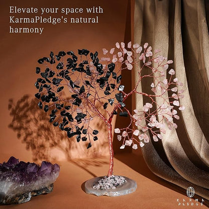 Crystal Tree for Home and Office Decoration, Black Obsidian & Rose Quartz Healing Stones Handmade Tree of Life for Positive Energy, Money, Good Luck, Christmas Decor, Birthday Gifts for Women, Mom