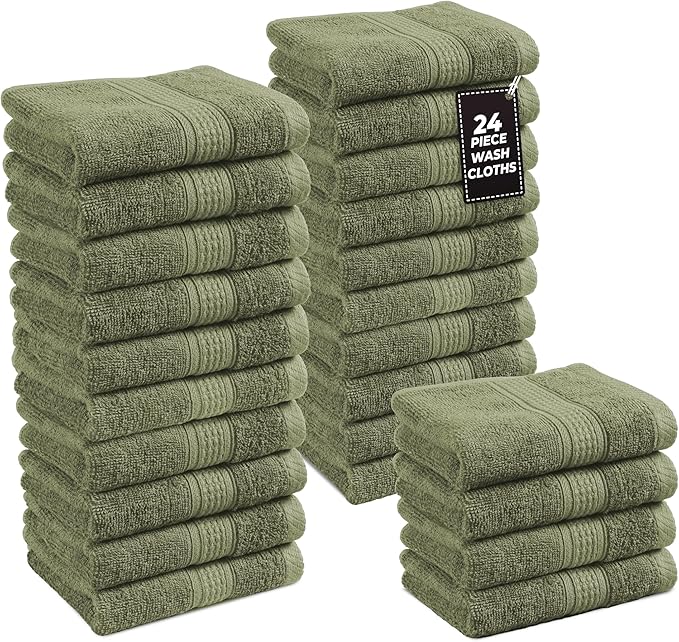 LANE LINEN 100% Cotton Washcloths 24 Pack - Spa & Salon Quality - Ring Spun Cotton Face Cloths - Very Soft & Absorbent Wash Cloths for Body, Beauty, Home, Gym - Fingertip Towels - 13"x13", Oil Green