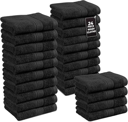 LANE LINEN 100% Cotton Washcloths 24 Pack - Spa & Salon Quality Face Towels - Ring Spun, Soft & Absorbent Wash Cloths for Body, Beauty, Home, Gym - Fingertip Towels Set- 13"x13", Black Washcloths