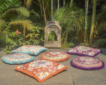 Mandala Life ART Square Meditation Cushion Cover with Fringes - 26 inches - Printed Vintage Blue Cotton Boho Chic Pillow Case