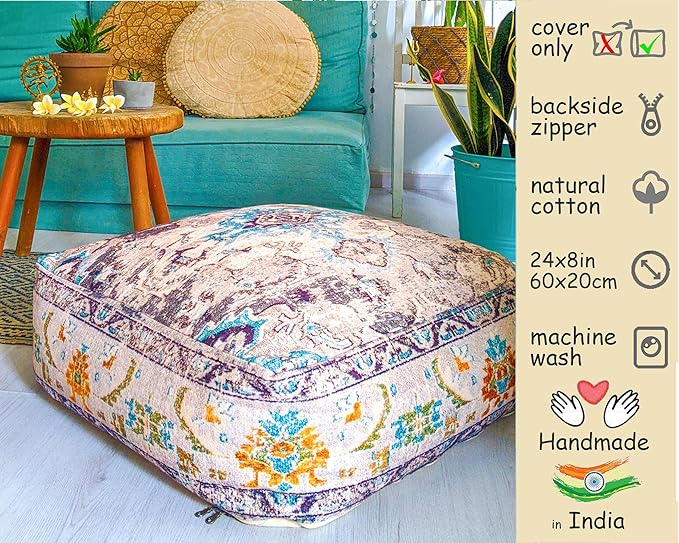 Mandala Life ART Boho Floor Cushion Cover Gray Square Moroccan Pouf Ottoman Pillow for Meditation Yoga and Boho Chic Low Seating Area Cotton 24x8 Unstuffed