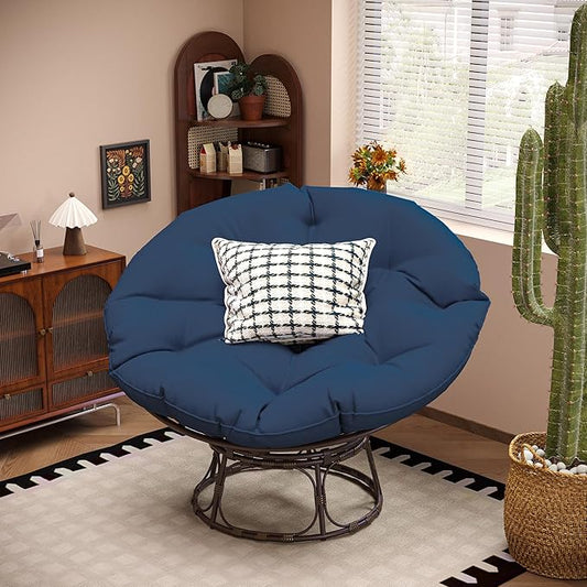46'' Large Size Papasan Chair with Cushion and Frame, Living Room Chair for Reading, Navy Blue