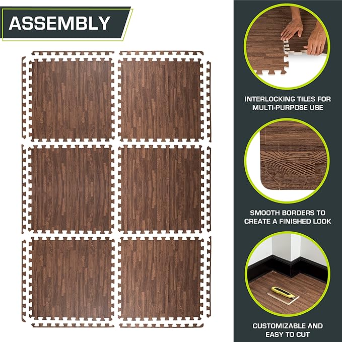 ProsourceFit Wood Grain Puzzle Mat 1/2-in, 6 EVA Foam Interlocking Floor Tiles (24SQ FT) for Secure Indoor Room Workout Flooring and Playmat, Dark Oak