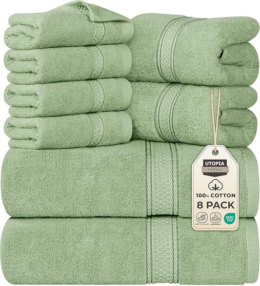 Utopia Towels 8 Piece Premium Towel Set, 2 Bath, 2 Hand, and 4 Wash Cloths, 600 GSM 100% Ring Spun Cotton, Highly Absorbent Towels for Bathroom, Gym, Hotel, and Spa, Sage Green