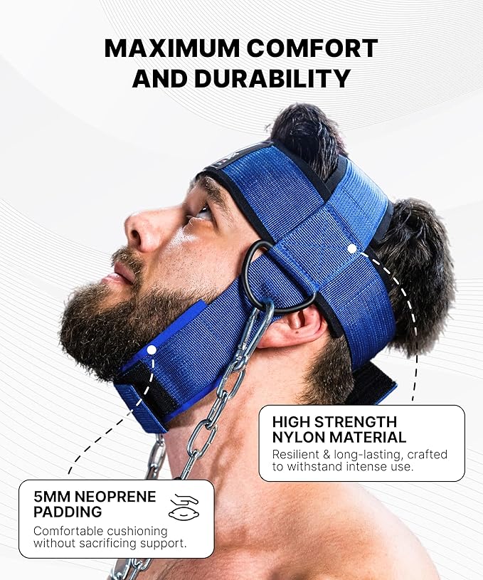 DMoose Fitness Neck Harness for Weight Lifting - Soft Padded Head & Chin Strap with 30" Heavy Duty Steel Chain - Neck Exerciser, Trainer & Strengthener to Support Injury Recovery and Intense Workouts