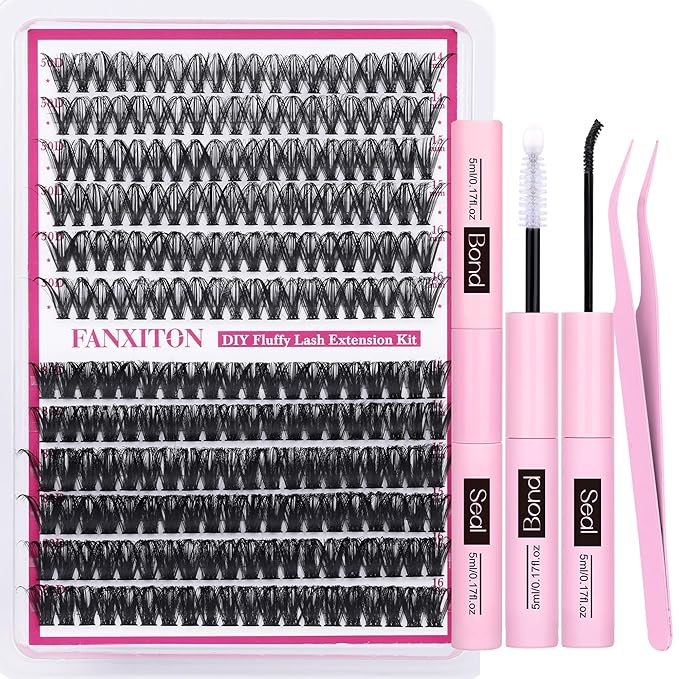 Cluster Lashes Volume Lash Clusters D Thick Eyelashes Extensions 14-16mm Mix 50D+80D Individual Lashes Thin Band Lash Bond and Seal Tweezers for DIY Lash Extension Beginners