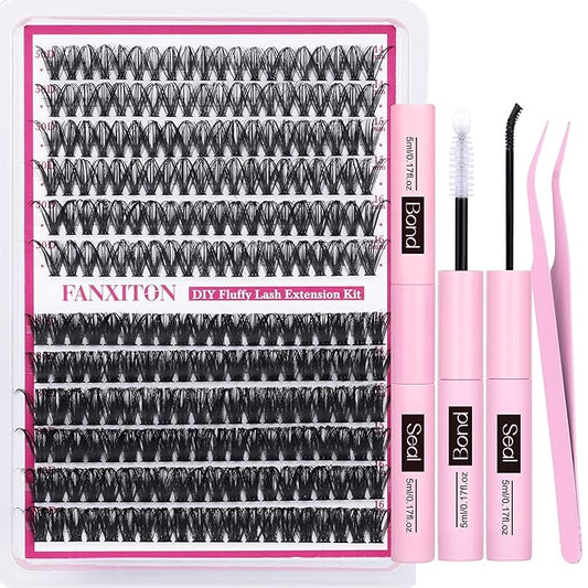 Cluster Lashes Volume Lash Clusters D Thick Eyelashes Extensions 14-16mm Mix 50D+80D Individual Lashes Thin Band Lash Bond and Seal Tweezers for DIY Lash Extension Beginners