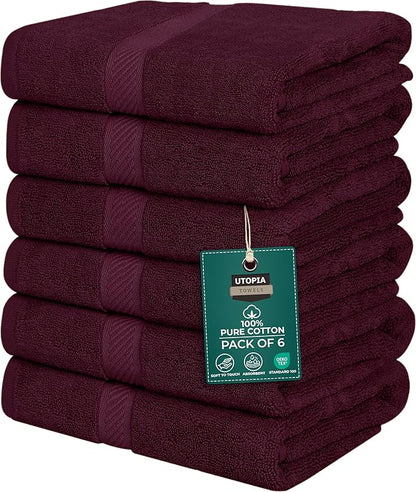 Utopia Towels 6 Pack Medium Bath Towel Set, 24 by 48 Inches, 500 GSM 100% Ring Spun Cotton, Lightweight and Highly Absorbent Quick Drying Premium Towels for Hotel, Spa and Bathroom, Burgundy