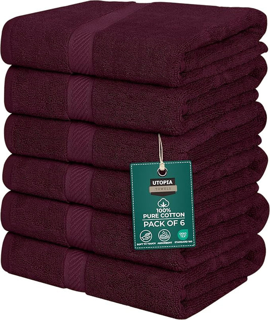 Utopia Towels 6 Pack Medium Bath Towel Set, 24 by 48 Inches, 500 GSM 100% Ring Spun Cotton, Lightweight and Highly Absorbent Quick Drying Premium Towels for Hotel, Spa and Bathroom, Burgundy