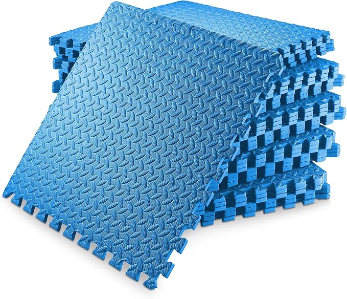 Philosophy Gym Pack of 30 Exercise Flooring Mats - 24 x 24 Inch Foam Rubber Interlocking Puzzle Floor Tiles - Blue