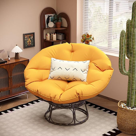 46'' Large Size Papasan Chair with Cushion and Frame, Overstuffed Thickened Lazy Chair, Mustard Yellow