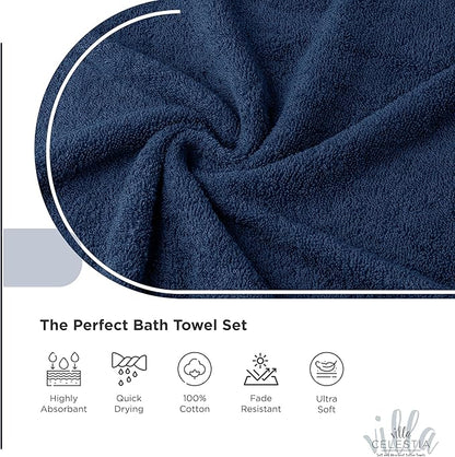 100% Cotton Bath Towel Set of 12-4 Bath Towels, 4 Hand Towels, 4 Wash Cloths, Sustainable, Soft, Highly Absorbent, Combed Cotton 12 Piece Set for Hotels, Spa, Bathroom, Dorm, Navy Blue