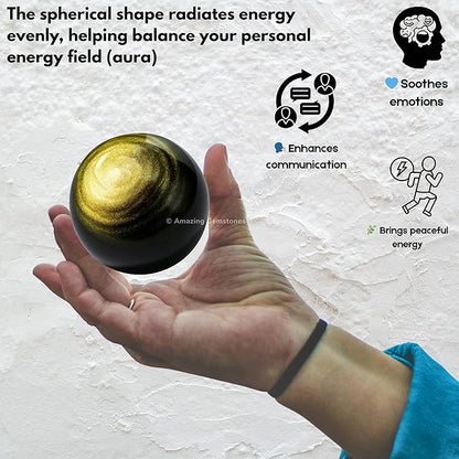 Amazing Gemstone Golden Sheen Obsidian Crystal Ball with Stand - 2 Inches Crystal Sphere Meditation Balls for Witchcraft and Decorative Balls