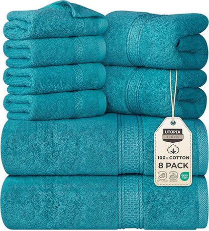 Utopia Towels 8 Piece Premium Towel Set, 2 Bath, 2 Hand, and 4 Wash Cloths, 600 GSM 100% Ring Spun Cotton, Highly Absorbent Towels for Bathroom, Gym, Hotel, and Spa, Teal