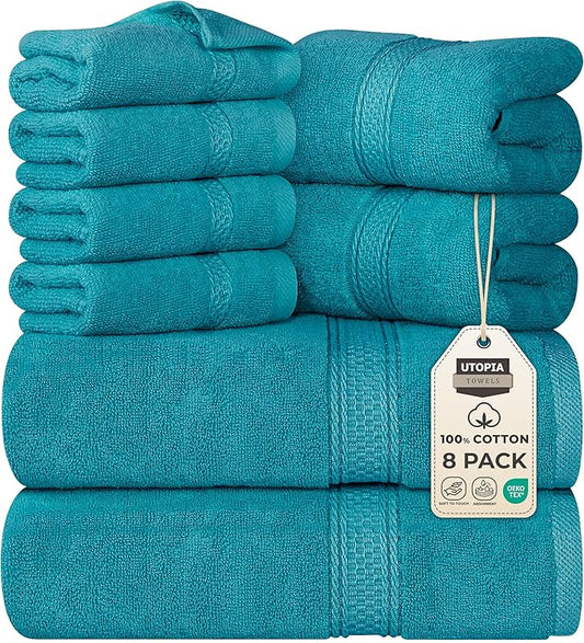 Utopia Towels 8 Piece Premium Towel Set, 2 Bath, 2 Hand, and 4 Wash Cloths, 600 GSM 100% Ring Spun Cotton, Highly Absorbent Towels for Bathroom, Gym, Hotel, and Spa, Teal