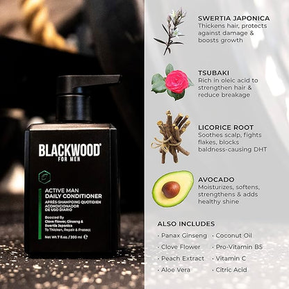 BLACKWOOD FOR MEN Active Man Daily Conditioner - Men's Thickening Conditioner for Hair Loss & Dandruff - Deep Treatment for Shine - Natural Vegan Formula - Sulfate, Paraben, & Cruelty-Free (7 Oz)