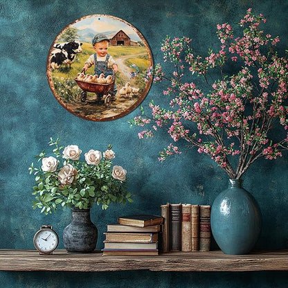 Cbngaoey 1pc Vintage Farm Scene Aluminum Wall Art - 8x8 Inch Round Metal Sign with Boy in Overalls and Chickens,Perfect Gift for Holidays and Outdoor Spaces,Durable Wall Art, Farmhouse Decor