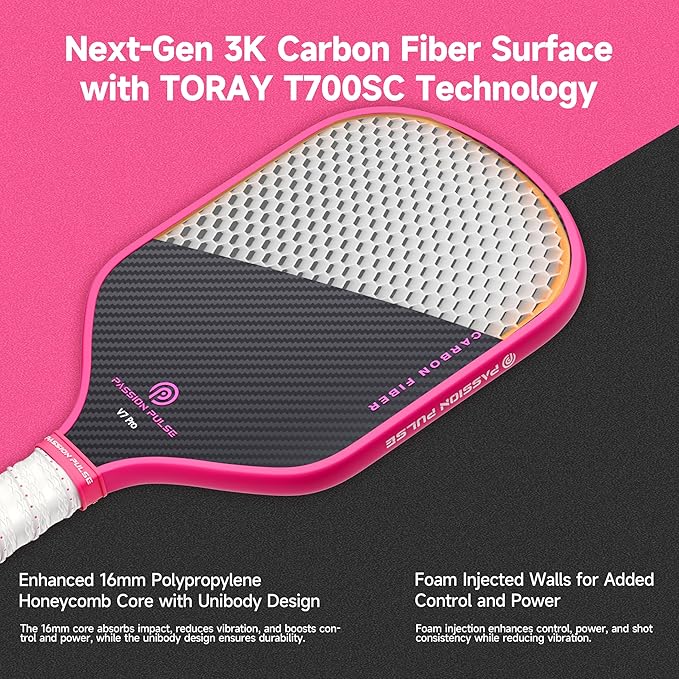 V7 Pro Pickleball Paddle – 3K Raw Carbon Fiber Pickle Ball Paddles with 16mm Polypropylene Core, 3D PulseGrip Handle, – Pickleball Rackets Ideal for All Skill Levels