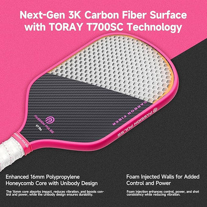 V7 Pro Pickleball Paddle – 3K Raw Carbon Fiber Pickle Ball Paddles with 16mm Polypropylene Core, 3D PulseGrip Handle, – Pickleball Rackets Ideal for All Skill Levels