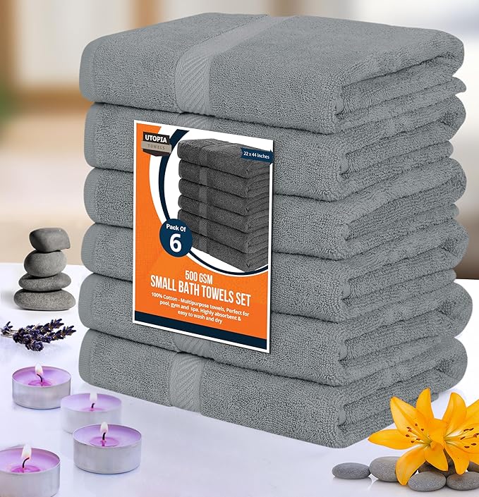 Utopia Towels 6 Pack Small Bath Towel Set, 22 by 44 Inches, 500 GSM 100% Ring Spun Cotton, Lightweight and Highly Absorbent Quick Drying Premium Towels for Hotel, Spa and Bathroom, Cool Grey