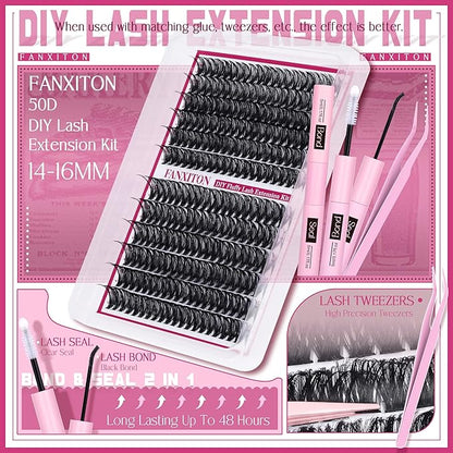 FANXITON Cluster Lashes 50D Lash Clusters D Natural Eyelashes Extensions 14-16mm Mix Individual Lashes Thin Band Lash Bond and Seal Tweezers Eyelashes Cluster for DIY Lash Extension