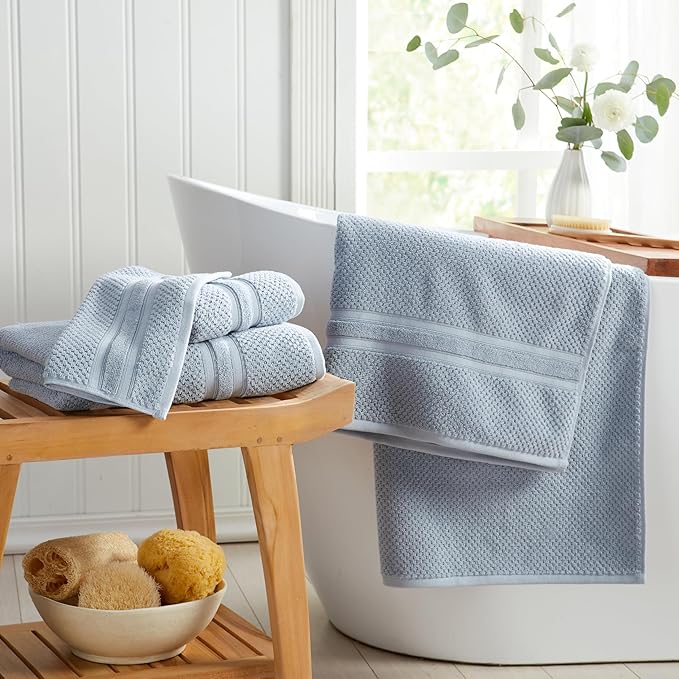 Springtree Home Blue Bath Towels Set of 4 | Popcorn Textured | 100% Combed Cotton | Absorbent Quick-Dry Towels for Bathroom | Oeko-TEX® Standard 100 Cotton | Poli Collection - Blue Fog