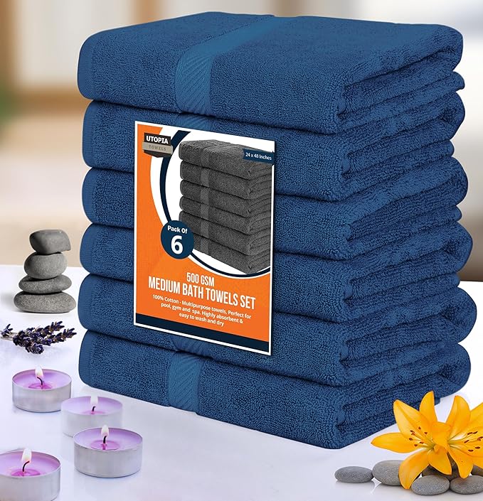 Utopia Towels 6 Pack Medium Bath Towel Set, 24 by 48 Inches, 500 GSM 100% Ring Spun Cotton, Lightweight and Highly Absorbent Quick Drying Premium Towels for Hotel, Spa and Bathroom, Navy