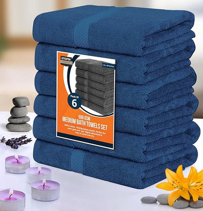 Utopia Towels 6 Pack Medium Bath Towel Set, 24 by 48 Inches, 500 GSM 100% Ring Spun Cotton, Lightweight and Highly Absorbent Quick Drying Premium Towels for Hotel, Spa and Bathroom, Navy