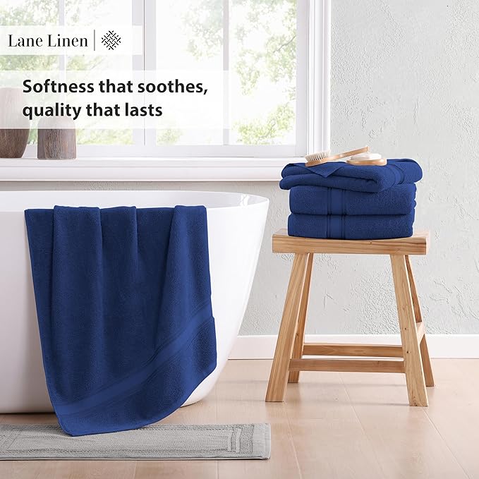 LANE LINEN 100% Cotton 4 Pack Bath Sheets Set (35"x66") - Zero Twist Cotton Extra Large Bath Towels Set - Quick Dry, Soft & Absorbent Oversized Towel Sets - Dorm Essentials for Boys - Navy Blue