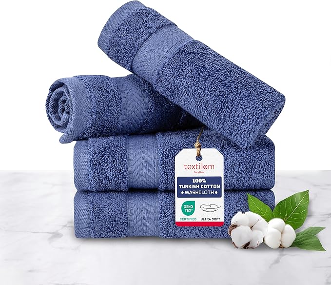 TEXTILOM 100% Turkish Cotton 4 Piece Luxury Washcloth Towel Set for Bathroom & Kitchen, Thick & Super Soft & Highly Absorbent & Quick Dry for Face and Hand- Navy