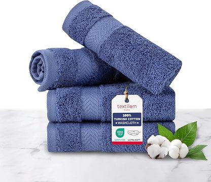 TEXTILOM 100% Turkish Cotton 4 Piece Luxury Washcloth Towel Set for Bathroom & Kitchen, Thick & Super Soft & Highly Absorbent & Quick Dry for Face and Hand- Navy