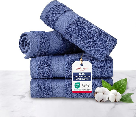 TEXTILOM 100% Turkish Cotton 4 Piece Luxury Washcloth Towel Set for Bathroom & Kitchen, Thick & Super Soft & Highly Absorbent & Quick Dry for Face and Hand- Navy