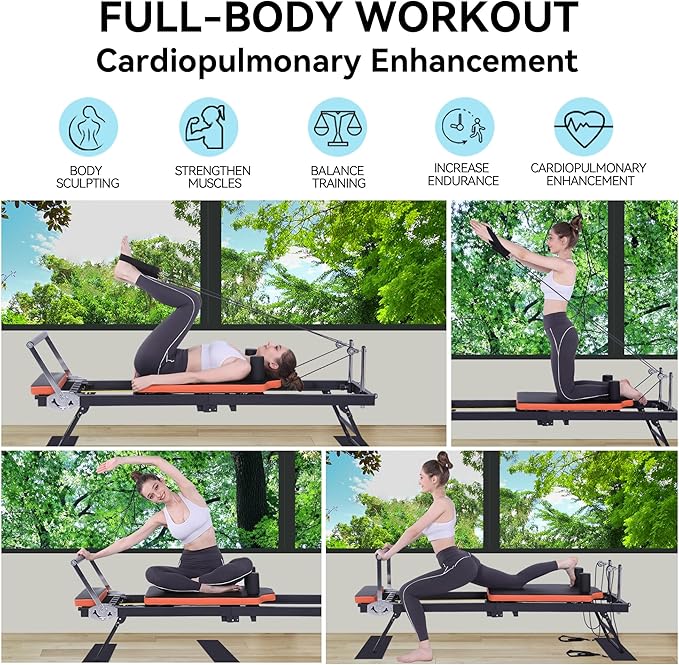 Pilates Reformer, tianhong Foldable Reformer Pilates Machine for Home Workout, with Springs & Cords, Pilates Equipment for Advanced and Beginners Users, Up to 250 lbs