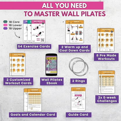 Wall Pilates Workouts for Women – 66 Exercise Cards with Videos & Workout Plan – Includes 5-Week Challenge, E-book, Chart & 2 Rings for Easy Organization – Home Pilates Workout Guide