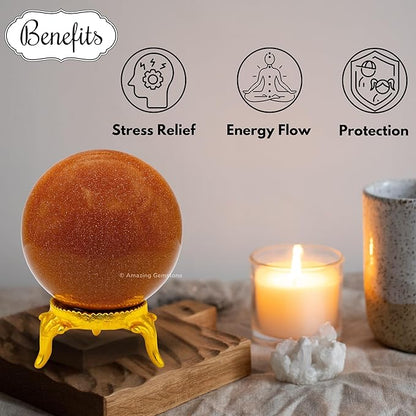 Amazing Gemstone Red Goldstone Crystal Ball with Stand - 2 Inches Crystal Sphere Meditation Balls for Witchcraft and Decorative Balls
