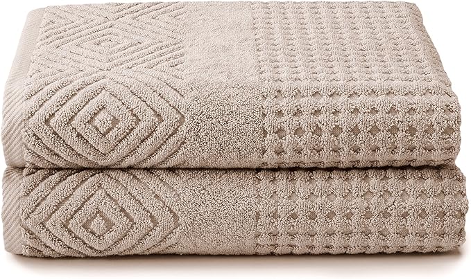 Texere 100% Organic Cotton Diamond Jacquard 700 GSM Luxury Bath Towel Sets - Ultra Soft and Absorbent Hotel and Spa Quality (Diamond, Oxford Tan, 2 Bath Towels)