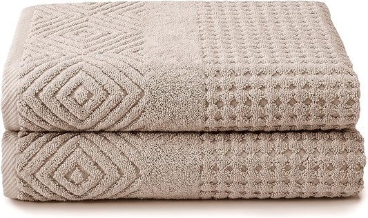 Texere 100% Organic Cotton Diamond Jacquard 700 GSM Luxury Bath Towel Sets - Ultra Soft and Absorbent Hotel and Spa Quality (Diamond, Oxford Tan, 2 Bath Towels)