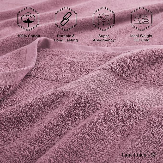 LANE LINEN 100% Cotton Large Bath Towels Set of 4 (28"x54") - Ring Spun Mercerized Cotton Bathroom Towel 4 Pack - Quick Dry, Soft & Absorbent Large Towels Set - Oeko Tex Certified - Wishful Mauve