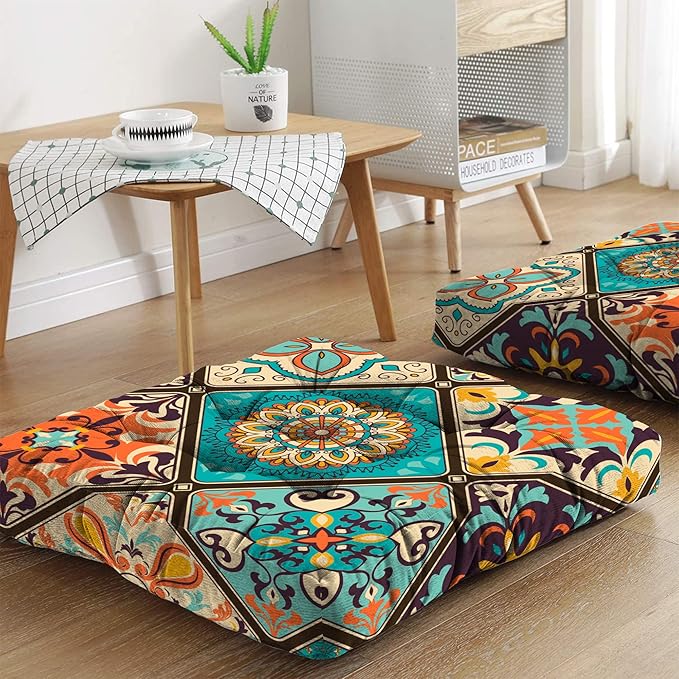 Mandala Meditation Cushion, Boho Meditation Mat, Meditation Pillows for Sitting on Floor, Cushions for Sitting in Home and Outdoor, Square Floor Pillows Cushion Seating for Yoga 22'' X 22''