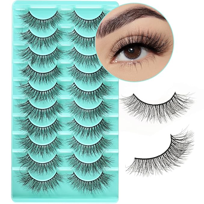 Natural Lashes Wispy Eyelashes Fluffy Mink Lashes Naturl Look Small Strip Eyelash 10 Pairs Short Lashes Pack Lightweight Cat Eye Lash Strips Set (Semi-Wispy | 10-14mm)