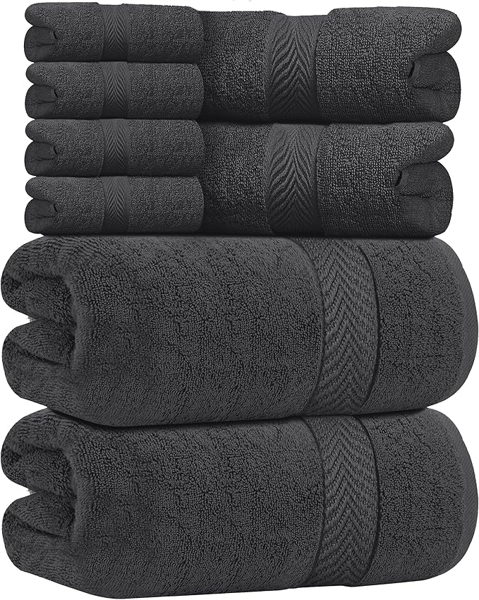 Oakias Premium Towel Set 600 GSM 8 Piece 100% Ring Spun Cotton Highly Absorbent Bath Towels Set - Super Soft Bathroom Towel Set - Hotel Quality Double Stitched Hem - Ideal for Hotels, Spa, Dark Grey