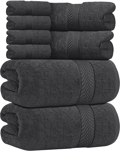 Oakias Premium Towel Set 600 GSM 8 Piece 100% Ring Spun Cotton Highly Absorbent Bath Towels Set - Super Soft Bathroom Towel Set - Hotel Quality Double Stitched Hem - Ideal for Hotels, Spa, Dark Grey