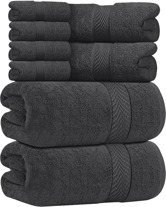 Oakias Premium Towel Set 600 GSM 8 Piece 100% Ring Spun Cotton Highly Absorbent Bath Towels Set - Super Soft Bathroom Towel Set - Hotel Quality Double Stitched Hem - Ideal for Hotels, Spa, Dark Grey