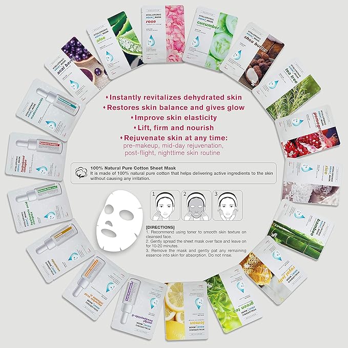 Hyaluronic Aqua Plus Essence Full Face Facial Sheet Mask 14 Sheets - 2 WEEKS SET (BAMBOO - 14 pack)
